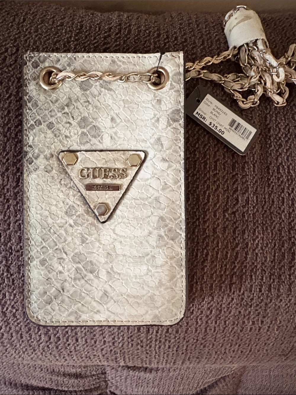GUESS Cream Snake-Embossed Chain Crossbody Phone Pouch